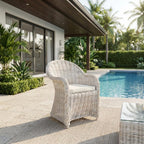 White Wicker Club Chair with Rattan Frame, Cotton Fabric, Comfortable Armrest, Stylish Design for Outdoor Lounge, Deck Or Patio