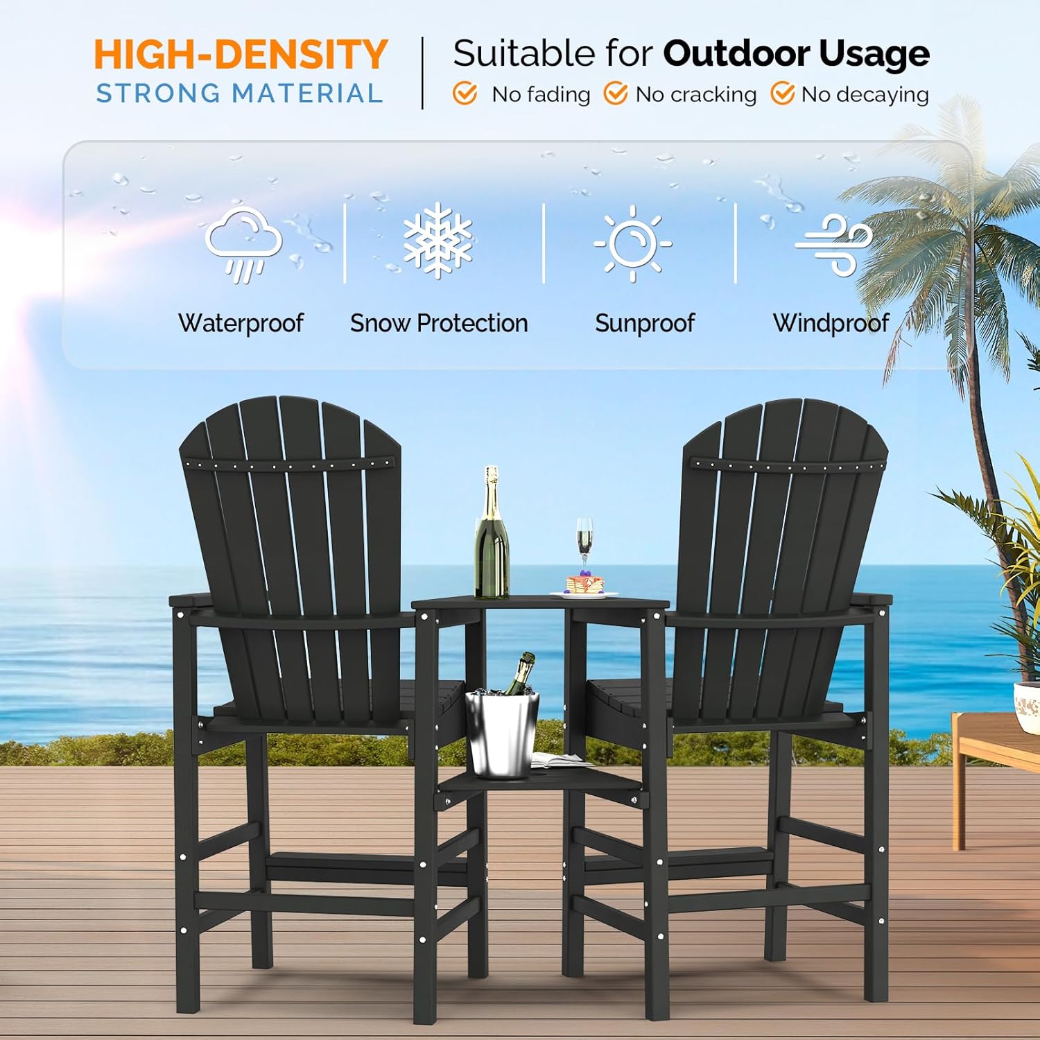 VINGLI Tall Adirondack Chairs Set of 2 with Dual Trays, All-Weather HDPE Outdoor BarStools Poly Deck Chairs for Patio, Poolside and Balcony (Black)