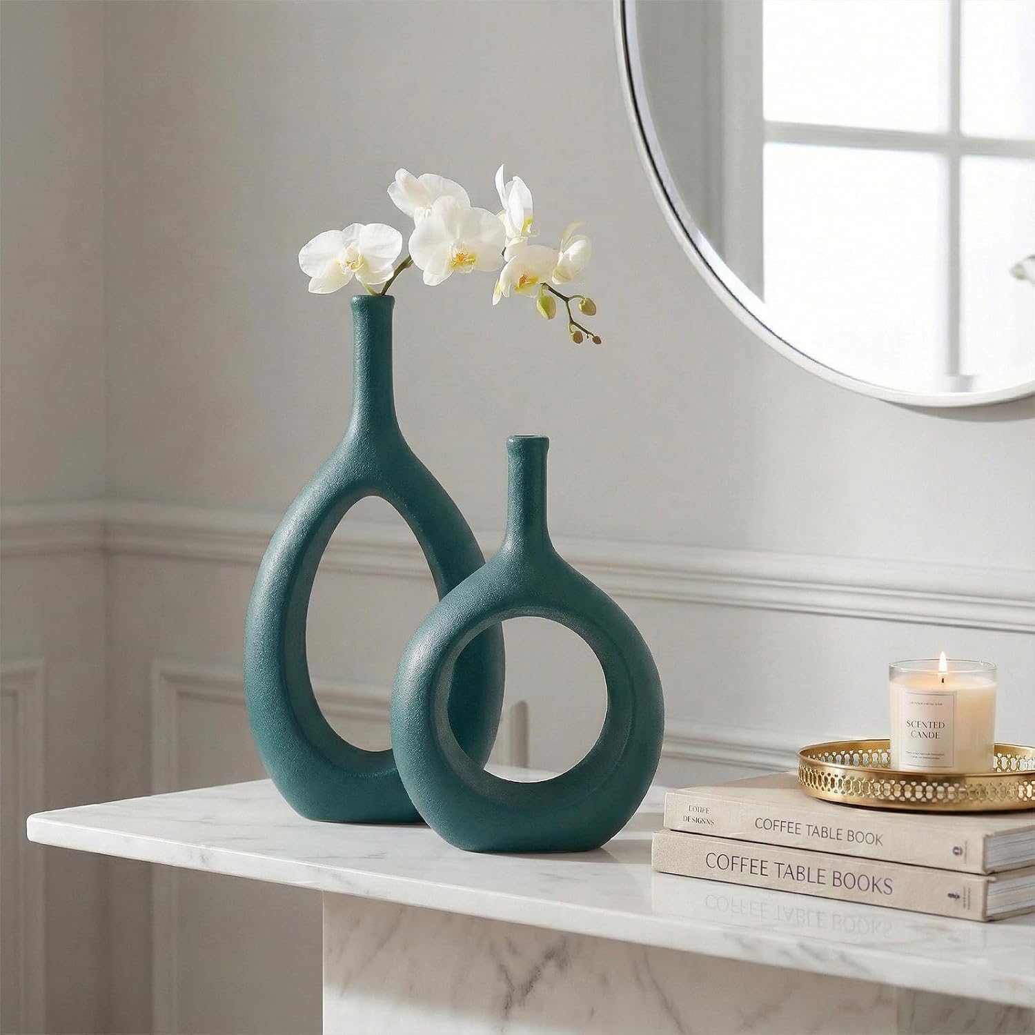 Green Ceramic Hollow Elliptical Vase Set of 2 - Boho Circle Vase with Hole, for Modern Green Table Decor, Living Room Decor Shelf mid Century Modern Home Entrance Decorative vase