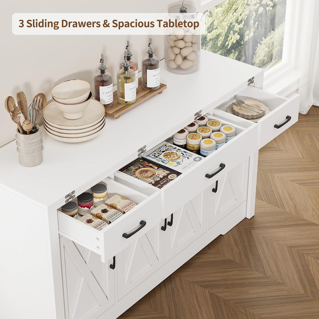 Yanosaku 55" Extendable Buffet Cabinet, Modern Farmhouse Kitchen Sideboard with 3 Drawers & Adjustable Shelves, Space-Saving Storage Credenza for Apartment, Small Spaces, Living Room, White