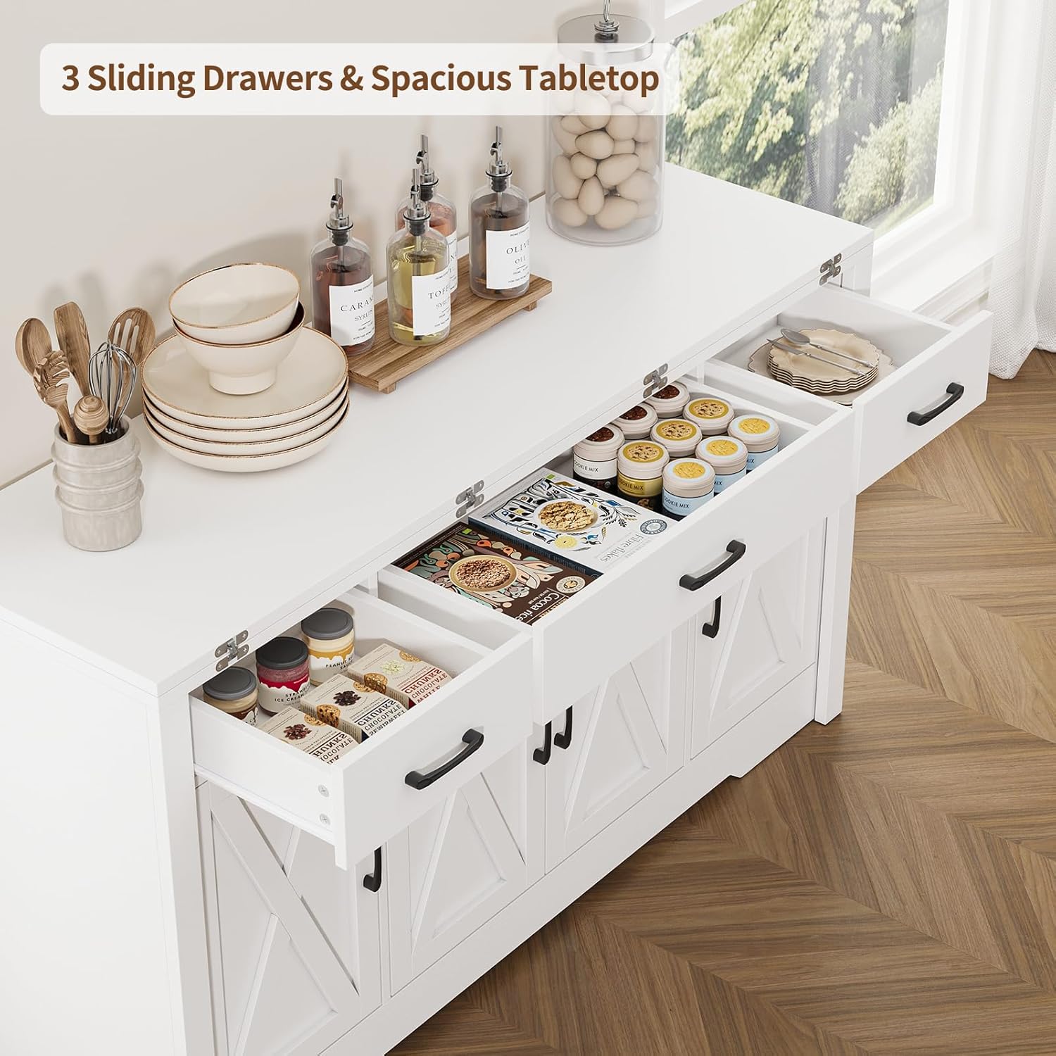 Yanosaku 55" Extendable Buffet Cabinet, Modern Farmhouse Kitchen Sideboard with 3 Drawers & Adjustable Shelves, Space-Saving Storage Credenza for Apartment, Small Spaces, Living Room, White