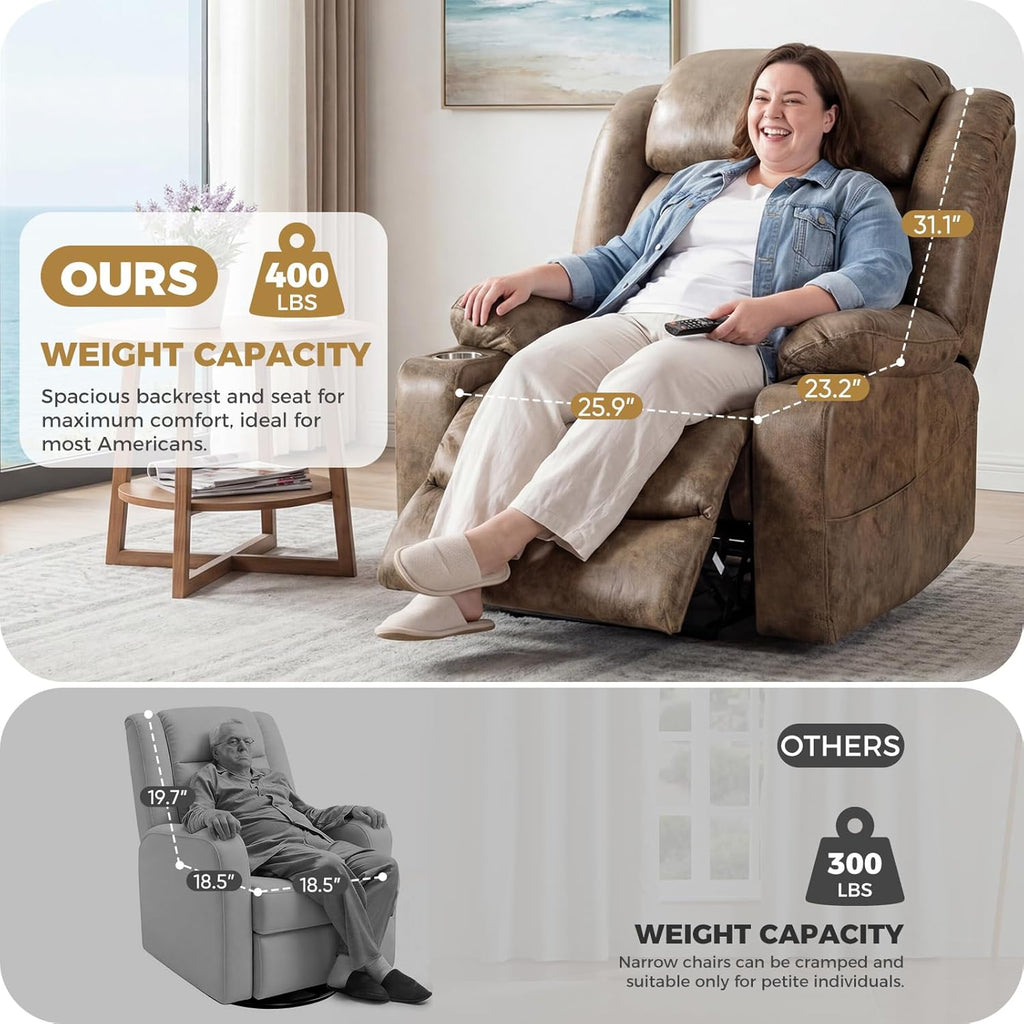 Oversized Power Lift Recliner Chair for Elderly, Big and Tall with Massage and Heating, Breathable Faux Leather with Metal Cup Holders, USB A&C Ports, Light Brown