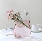Glass Vase with Elegant Purse Design, Hand Purse vase with Fish Bowl, Unique Flower Vase with Handle and Bubbles - for Home Decor/Office/Garden/Wedding Decor/Enterpiece/Events (Purse Pink A)