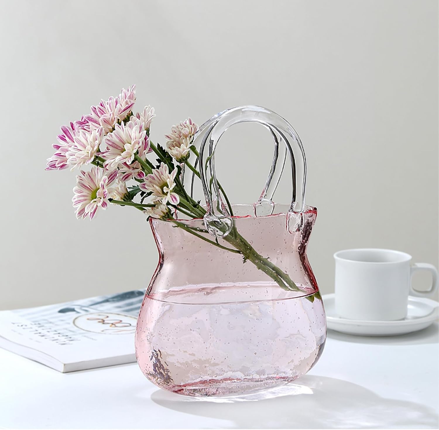 Glass Vase with Elegant Purse Design, Hand Purse vase with Fish Bowl, Unique Flower Vase with Handle and Bubbles - for Home Decor/Office/Garden/Wedding Decor/Enterpiece/Events (Purse Pink A)