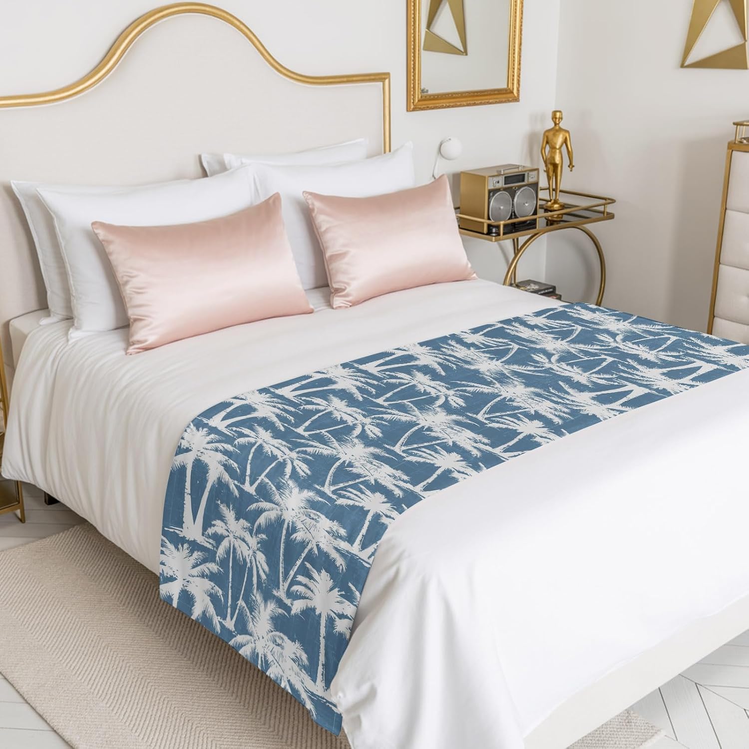 Blue Palm Tree Bed Runners for Twin Size Bed, Summer Tropical Coastal Nautical Beach Silver Tree Leaf Bedding Scarf for Home Hotel Decorations, 71''x20''