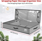 BlessedSeason Wrapping Paper Storage Organizer for 40 Inch Christmas Gifts Wrapping Paper, 2 Visible Supplies Pockets for Holiday Accessories, Christmas Decoration Storage Containers, Grey