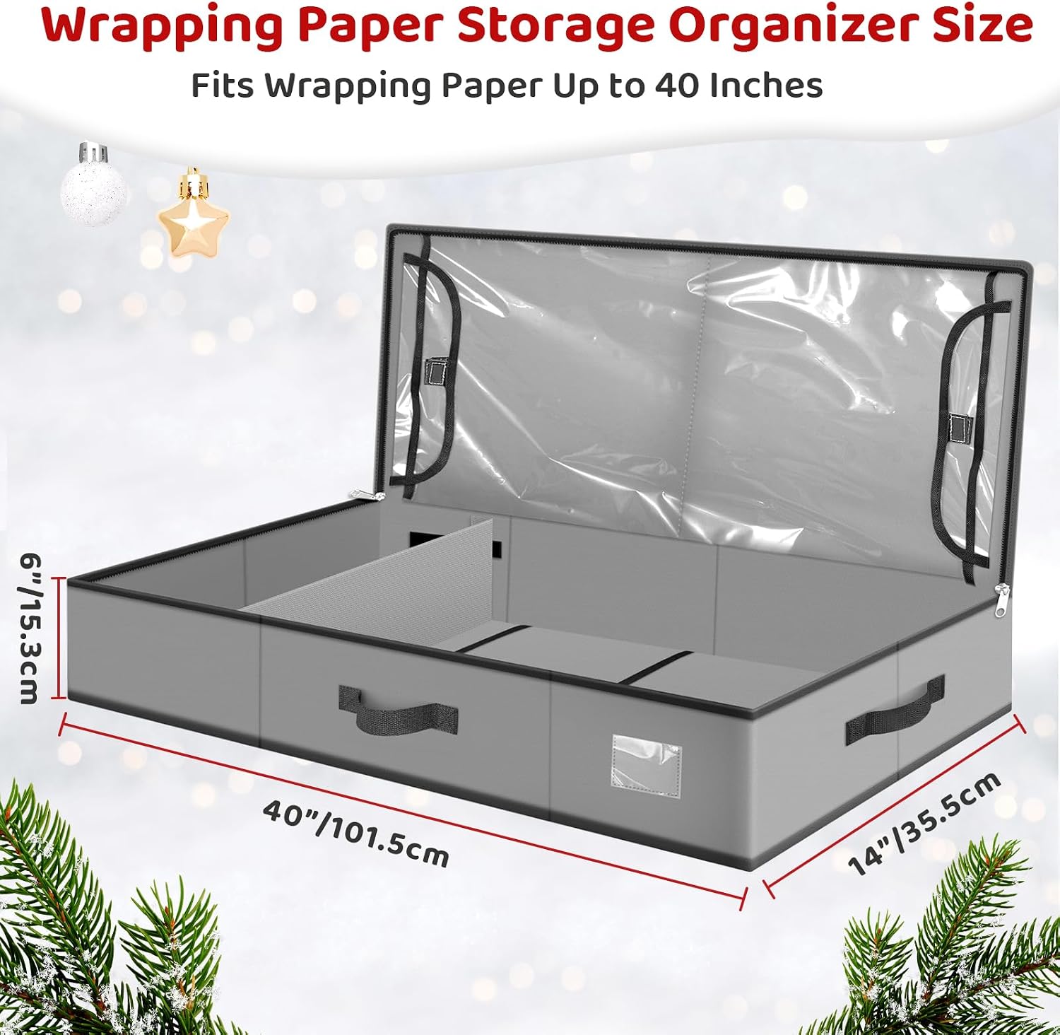 BlessedSeason Wrapping Paper Storage Organizer for 40 Inch Christmas Gifts Wrapping Paper, 2 Visible Supplies Pockets for Holiday Accessories, Christmas Decoration Storage Containers, Grey