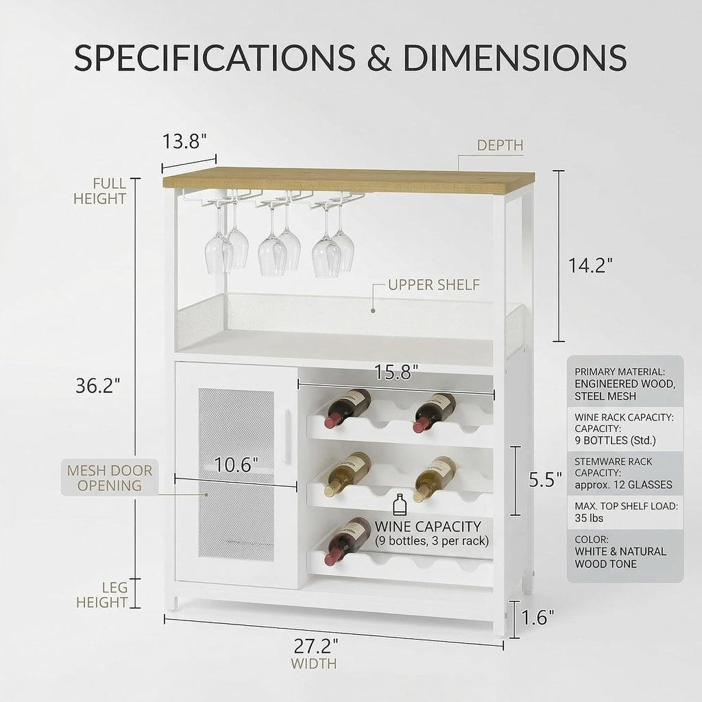 Wine Bar Cabinet, 3-Tier Removable wine rack cabinet glass holder, Mesh door adjustable shelf display cabinet bar, Waterproof metal frame buffet cabinet with storage coffee station bar cabinet, White