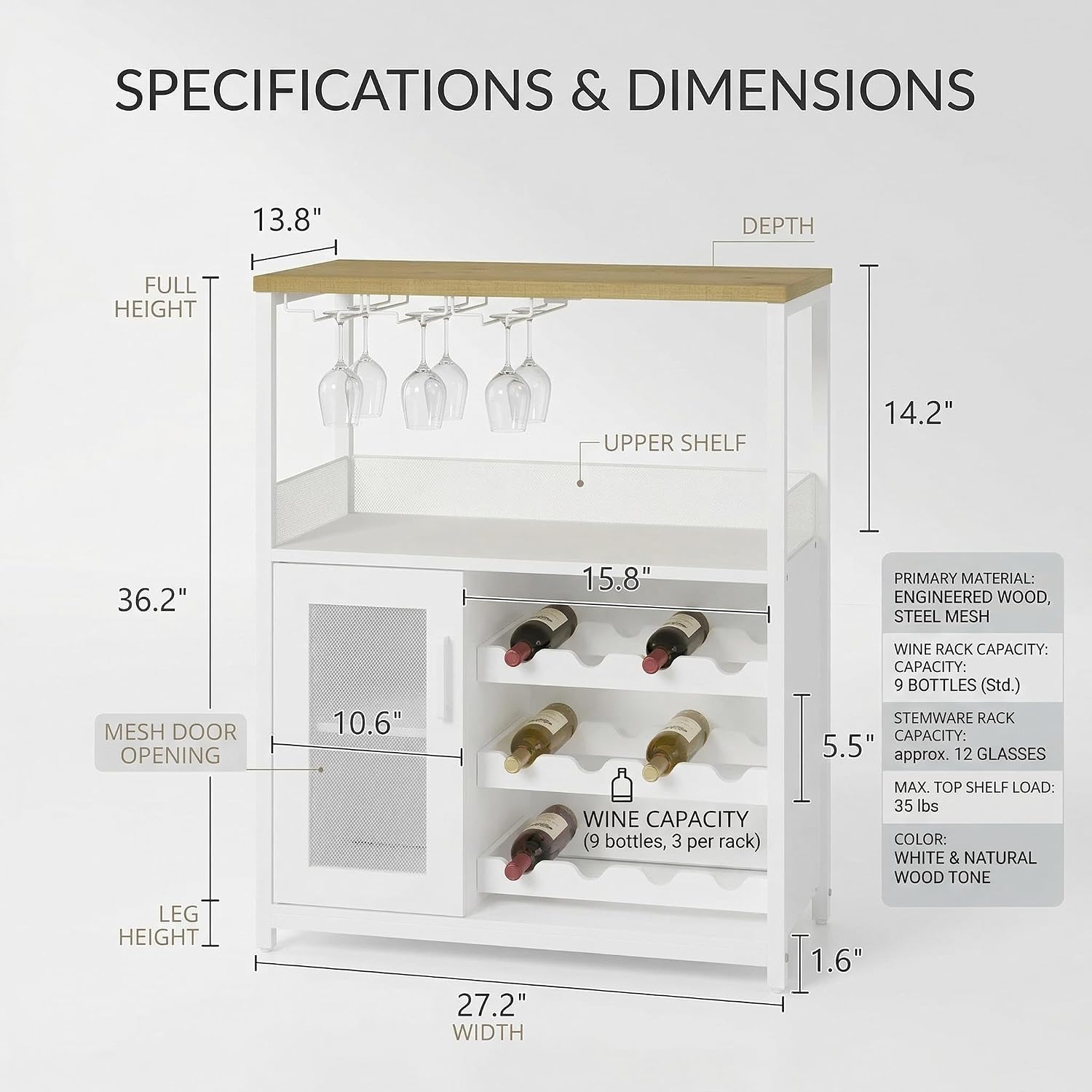 Wine Bar Cabinet, 3-Tier Removable wine rack cabinet glass holder, Mesh door adjustable shelf display cabinet bar, Waterproof metal frame buffet cabinet with storage coffee station bar cabinet, White