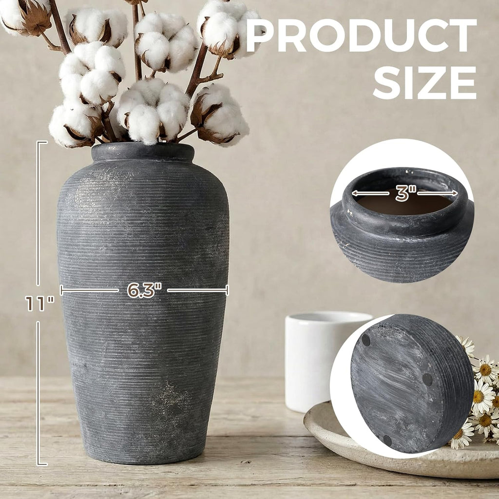 Rustic Distressed Ceramic Threaded Vase, 11"H Handmade Wabi Sabi Decor Vase (Deep Charcoal with Light Gray Weathering and Wheat Beige Patches) for Living Room Table Centerpieces, Entryway & Fireplace