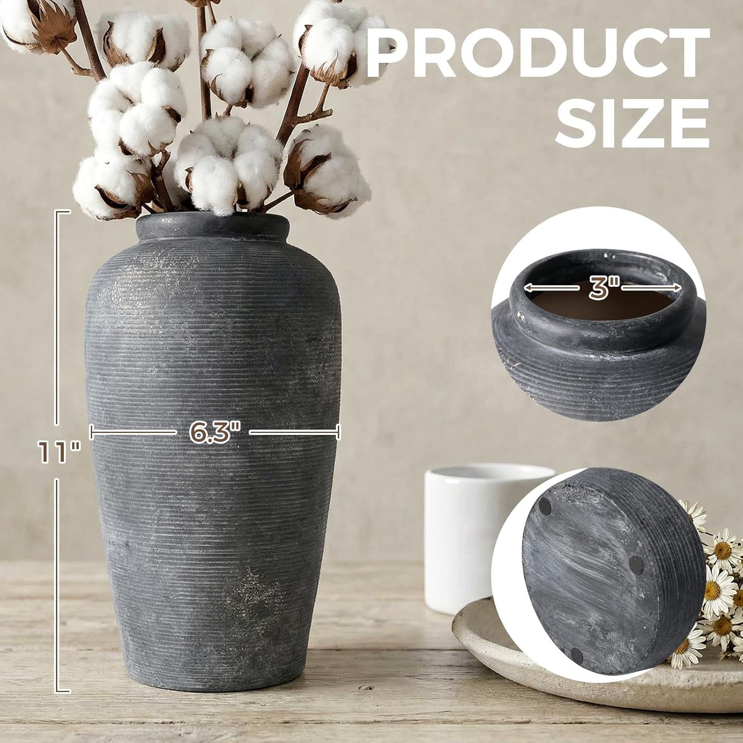 Rustic Distressed Ceramic Threaded Vase, 11"H Handmade Wabi Sabi Decor Vase (Deep Charcoal with Light Gray Weathering and Wheat Beige Patches) for Living Room Table Centerpieces, Entryway & Fireplace