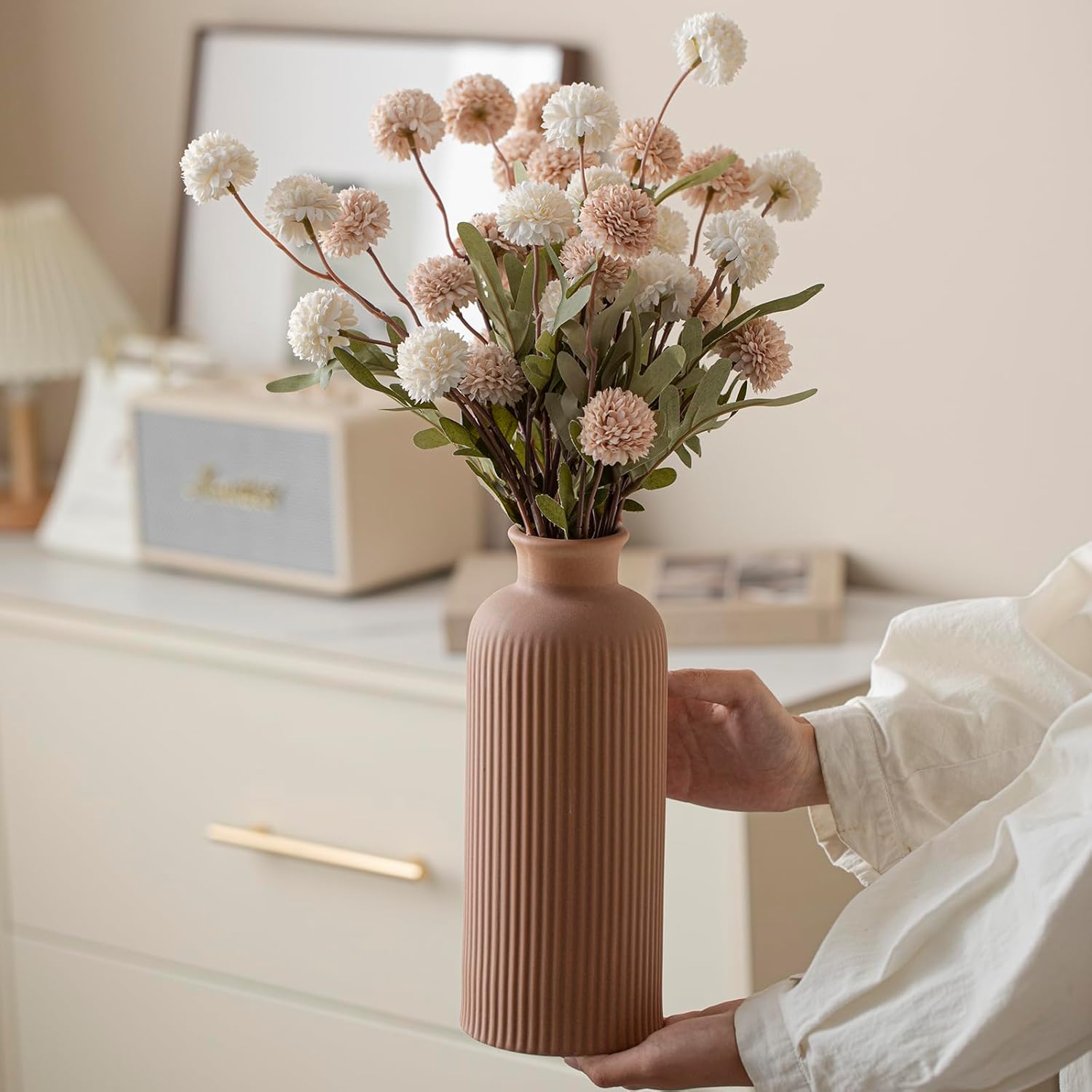 Large Modern Ceramic Vase Set, Coffee Ribbed Matte Design, 3-Piece Decorative Vases for Home, Living Room, Office (XL Coffee Mix)