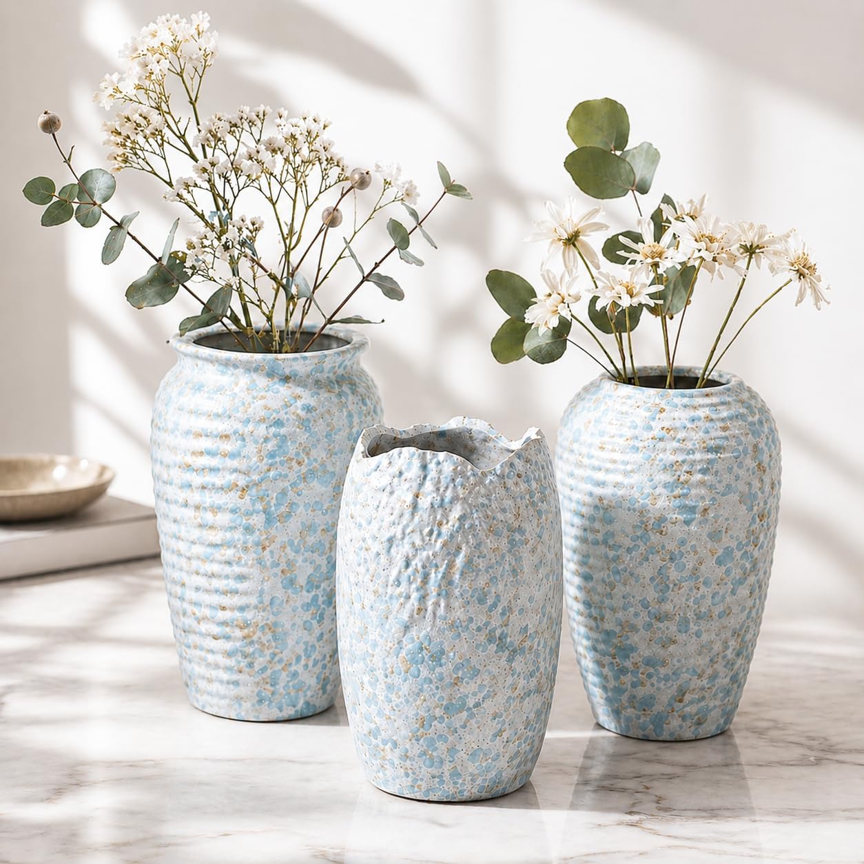BEAHOT Ceramic Vases Set of 3 – 6.7-inch Handmade Blue & White Pottery Trio with Speckled Glaze – Decorative Flower Vases Home Decor for Table Mantel Entryway Shelf Living Room Kitchen Bathroom