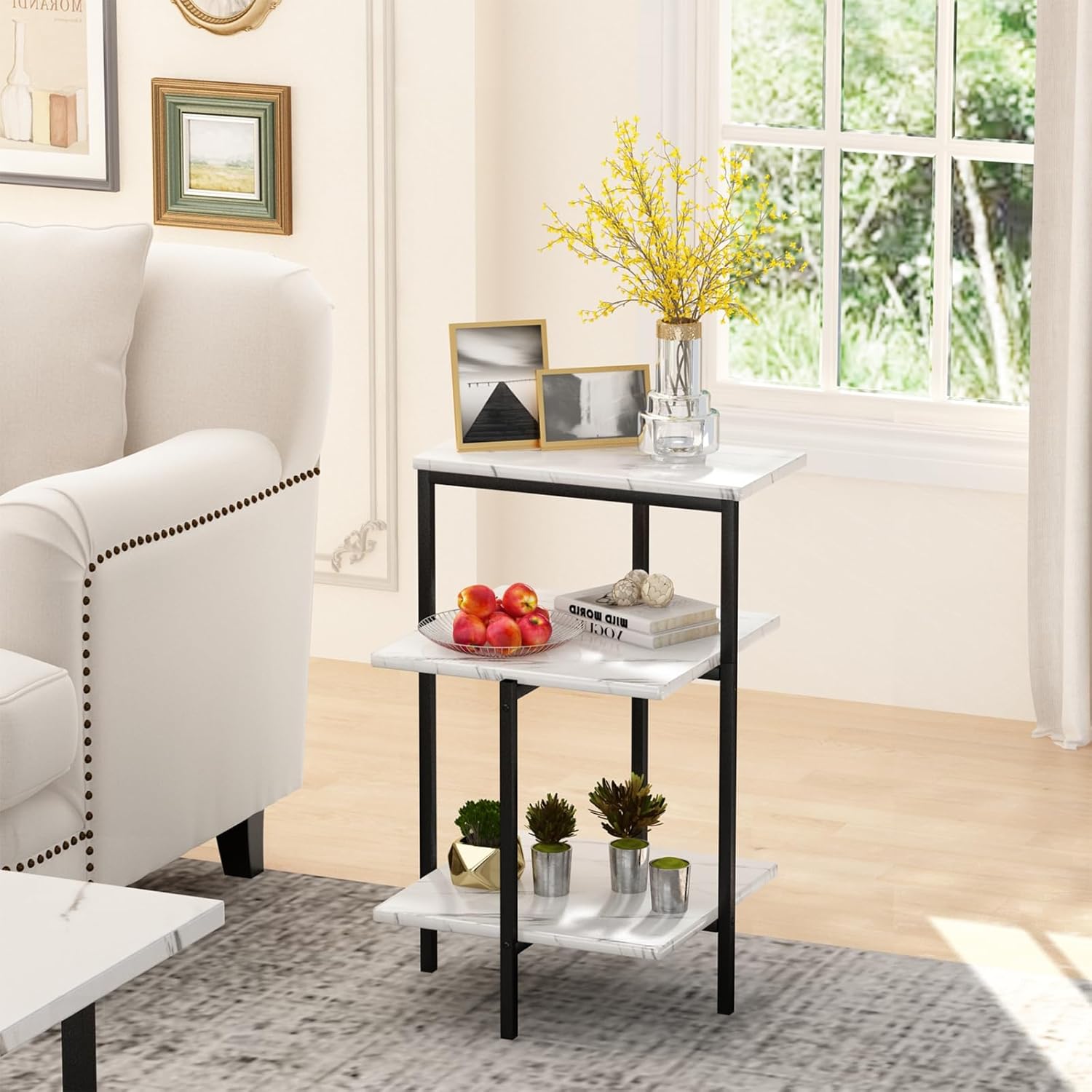 AWQM Faux Marble Table Set,Coffee Table & 2 Side Table, Faux Marble Tabletop and Metal Frame, 3 Piece Table Sets, for Living Room Apartment,White & Black