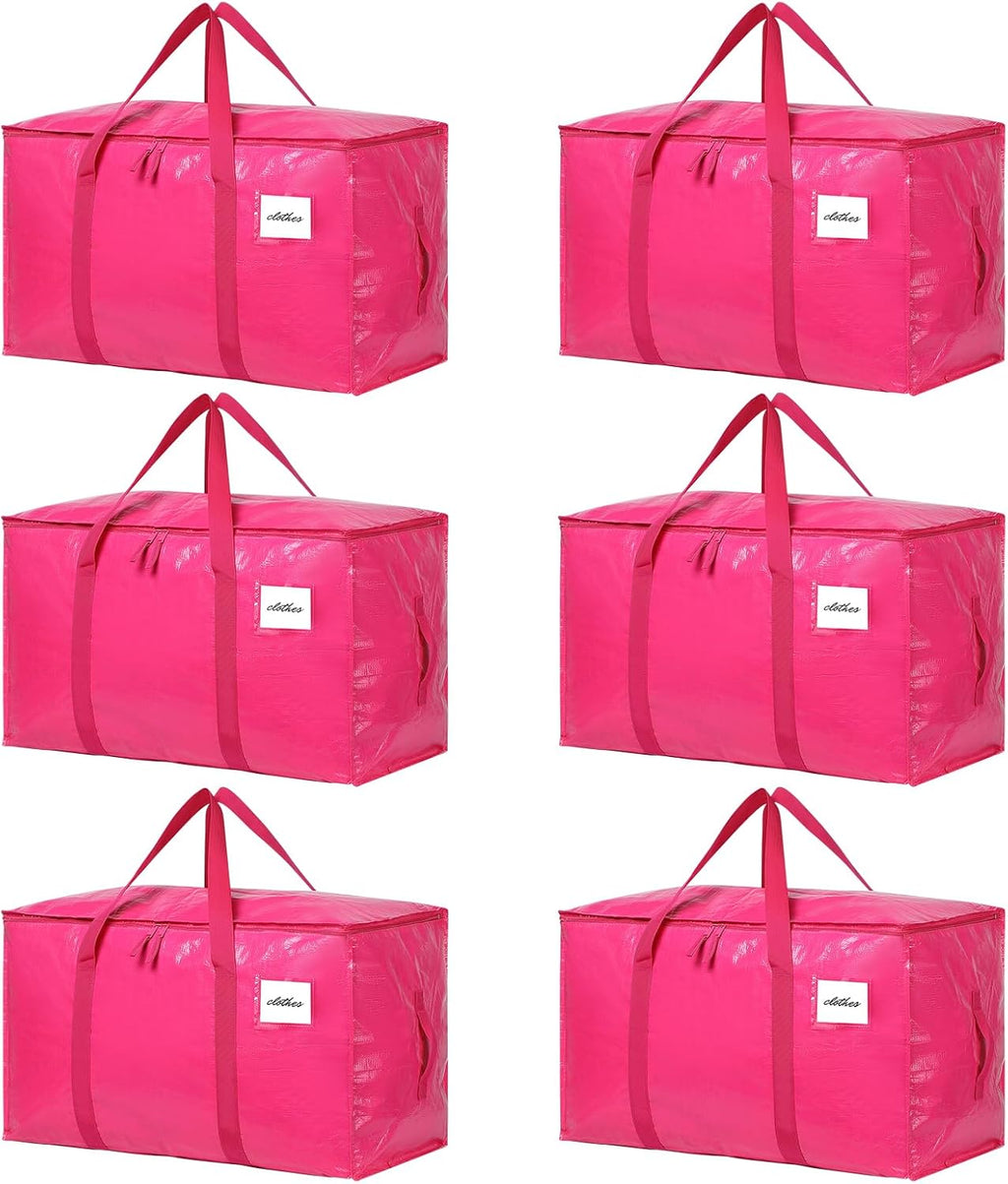 6 Pack Extra Large Moving Bags, 93L Heavy Duty Storage Totes with Reinforced Handles, Strong Zippers, Water-Resistant Foldable Packing Bags for Clothes and Bedding, Rose Pink
