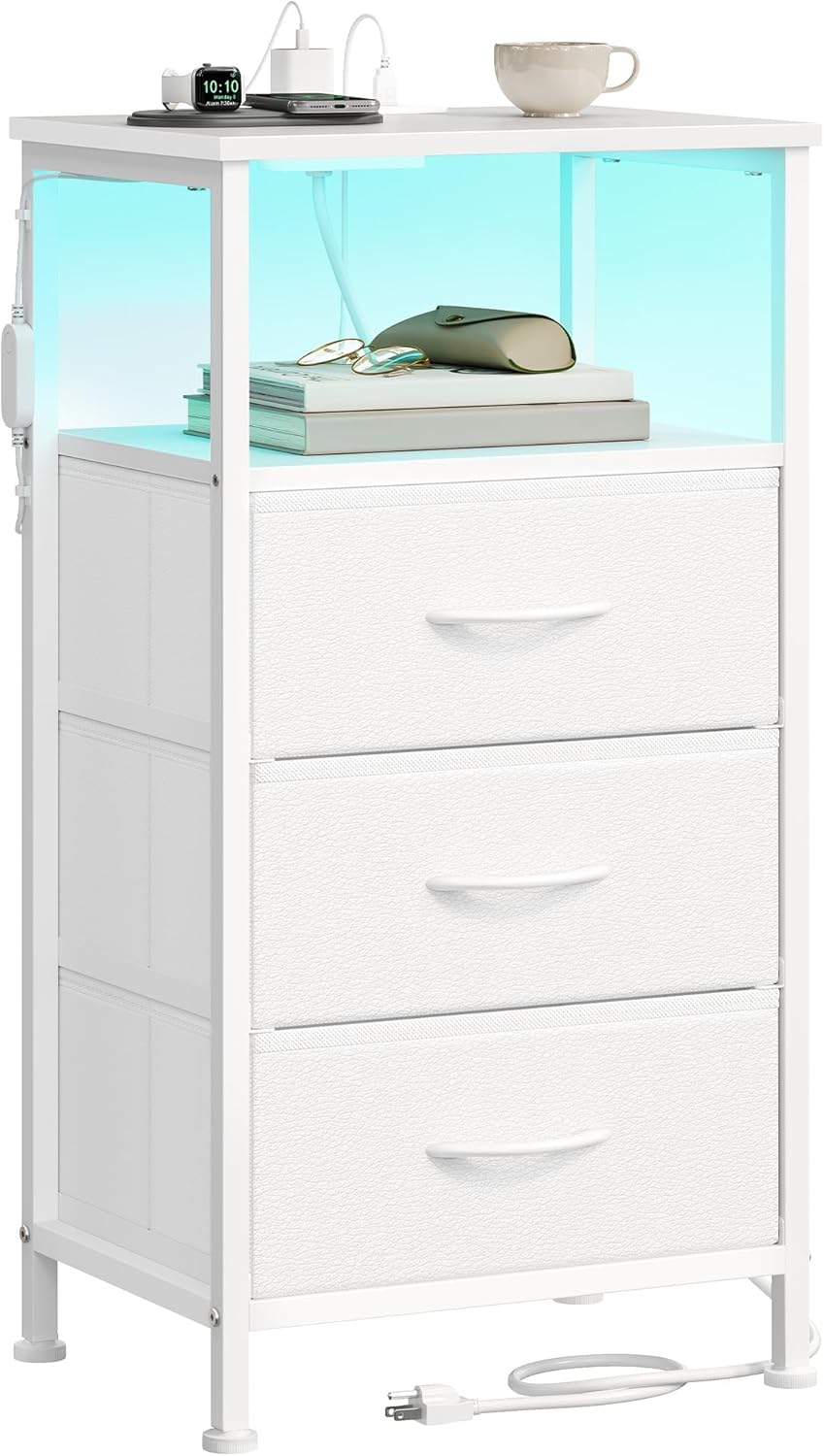SONGMICS BELLAH Collection - Nightstand with Charging Station and App-Controlled Adjustable LED Lights, Bed Side Table, 3 Drawers and 1 Open Shelf, Modern, Cloud White and Snow White ULGS303WH01S
