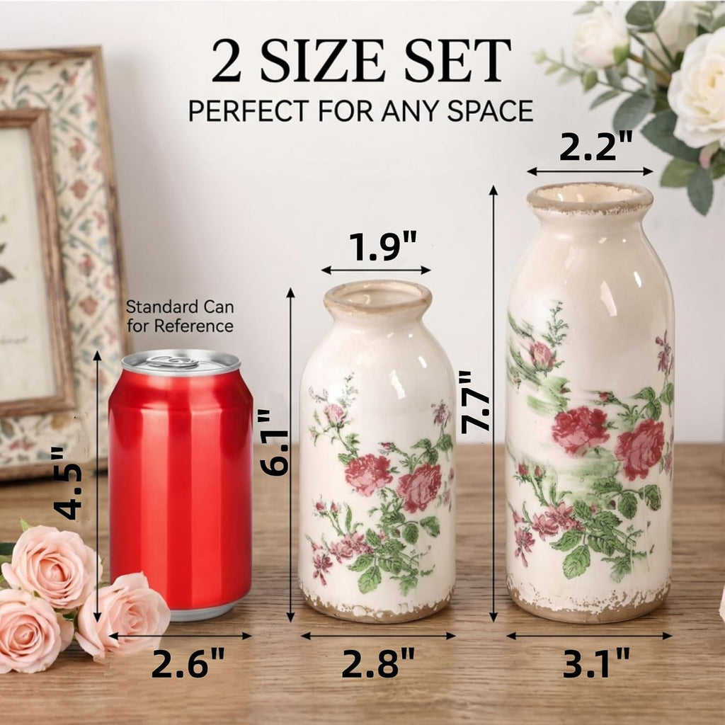 Covzoe Set of 2 Vintage Ceramic Small Vases, Rustic Farmhouse Flower Vase for Table Centerpiece, Mini Bud Vase Art Decor for Home Bedroom, Living Room Office Bathroom, 2 Size