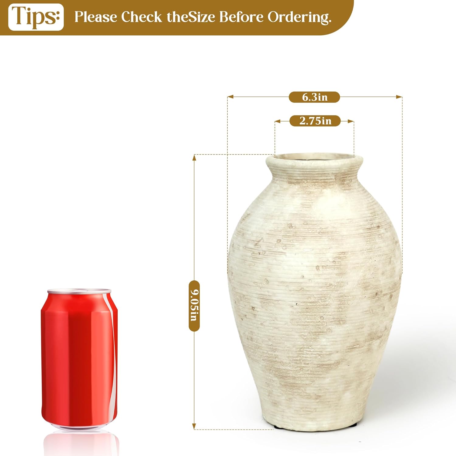 9 Inch Vintage Large White Ceramic Flower Vase | for Living Room, Dining Room, Bathroom Indoor & Outdoor Home Decor