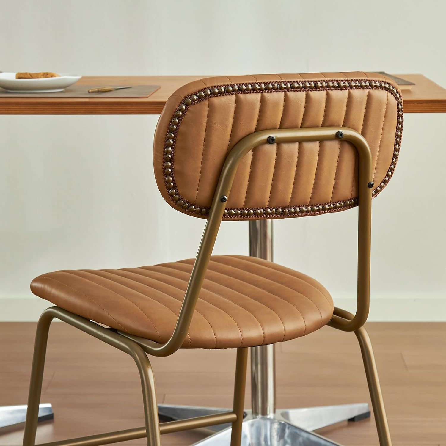 Mid Century Modern Dining Chairs Set of 2, Retro Chair with Faux Leather Upholstered Seat/Backrests & Vintage Distressing Metal Legs & Leg Protectors for Kitchen Dining Room (Brown,Assemble)