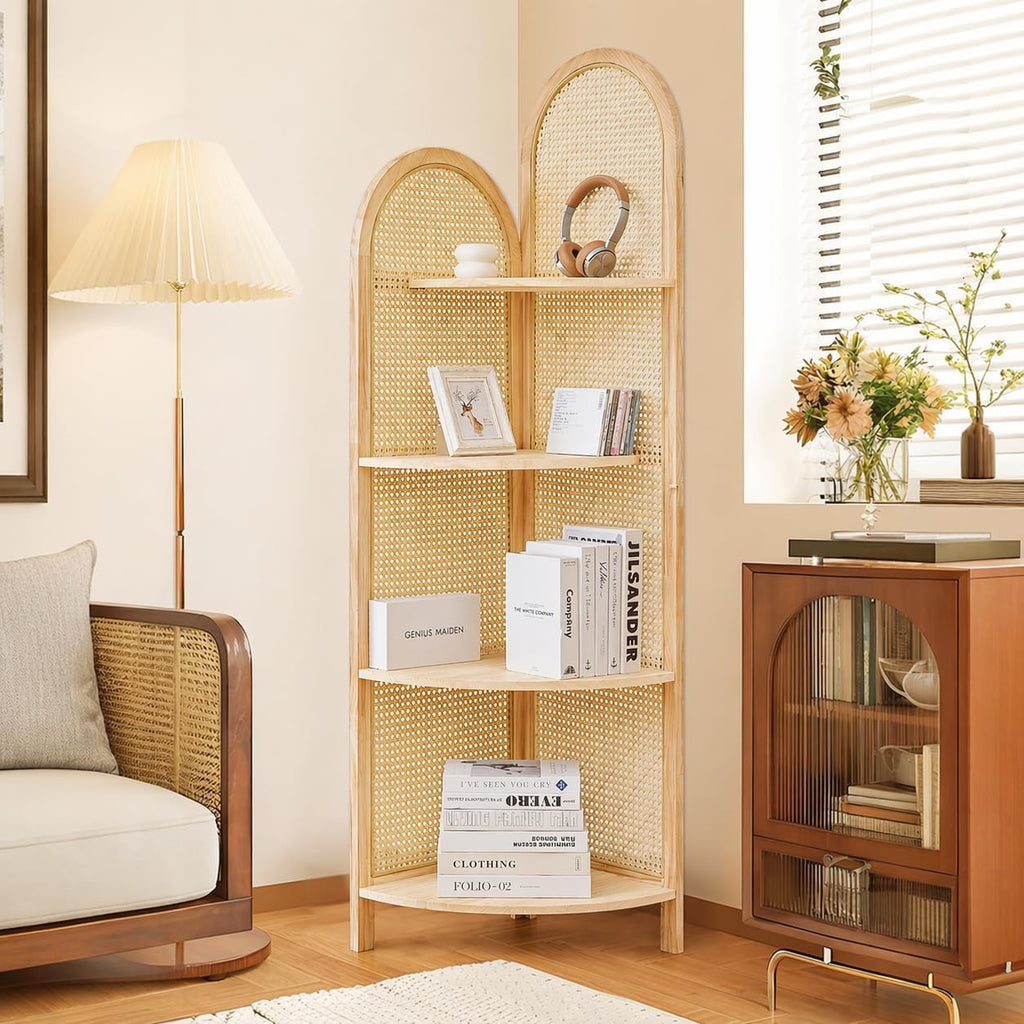 70" Tall Corner Bookshelf, 4-Tier Rattan Corner Shelf Stand for Small Spaces - Solid Wood Frame Display Organizer Rack, 90° Flush Wall Fit, Natural