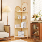 70" Tall Corner Bookshelf, 4-Tier Rattan Corner Shelf Stand for Small Spaces - Solid Wood Frame Display Organizer Rack, 90° Flush Wall Fit, Natural