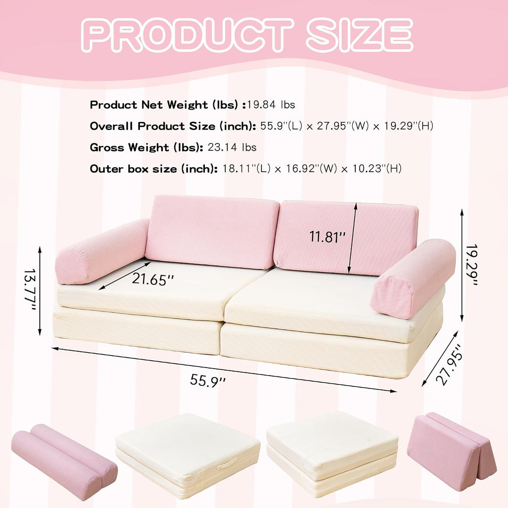 Modular Kids Play Couch, 5 Second Quick Bounce High Density Foam, Corduroy Fabric, Kids Sofa That Inspires Toddler Creativity for Playroom Bedroom Living Rooms Toddler Sofa -Pink and Beige