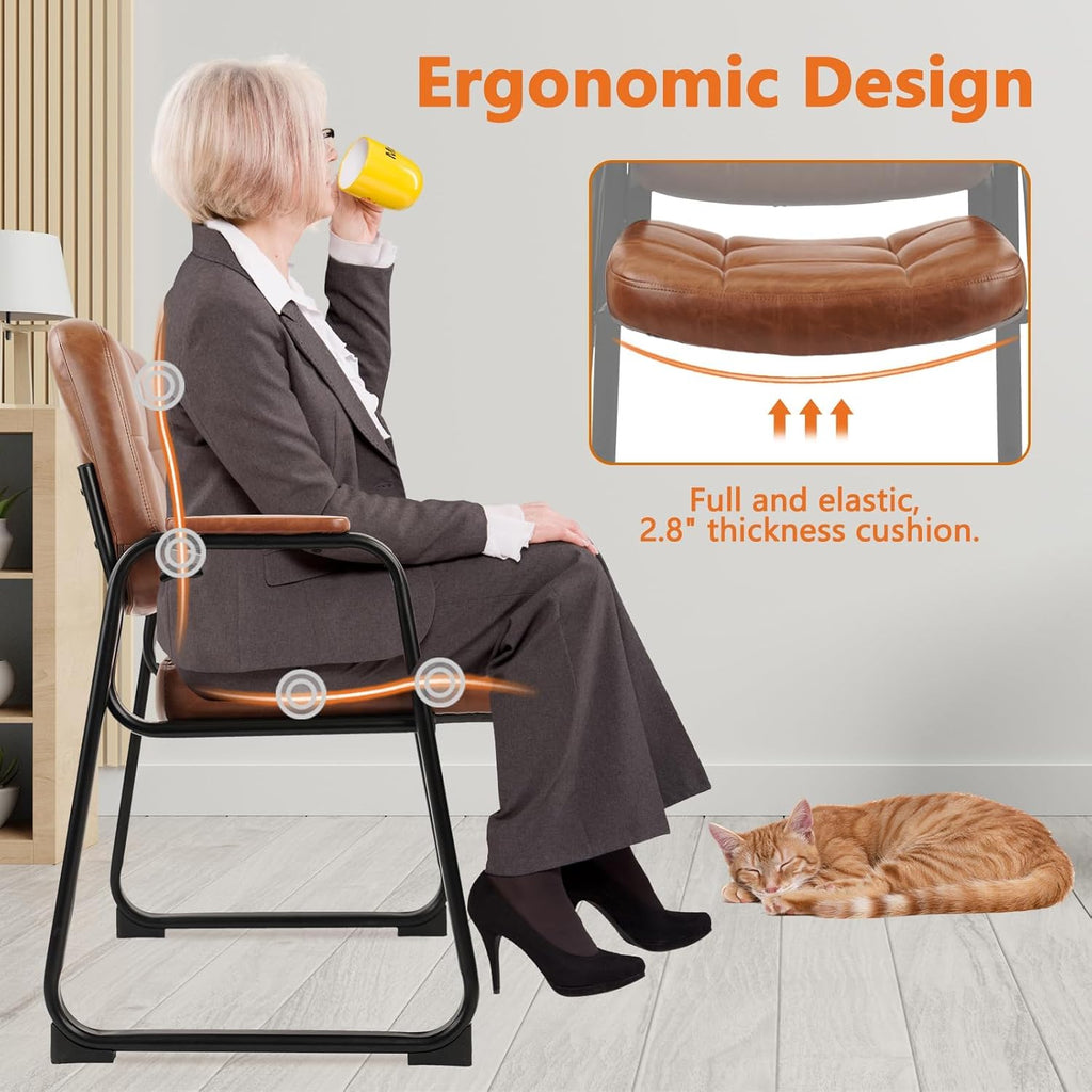 CLATINA Big & Tall 500 lb Waiting Room Chairs with Padded Armrests and Sled Base, Leather Stationary No Wheels Office Reception Guest Chair for Lobby Home and Meeting Conference, Brown (2 Pack)