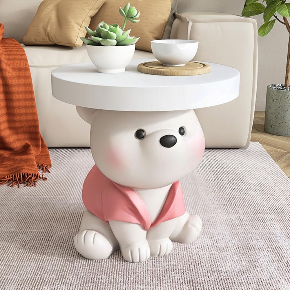 Bear Statue Side Table, Modern and Simple Resin Bedside Table, Small Accent Bear Table, Cute Home Decor for Living Room, Bedroom(Pink)