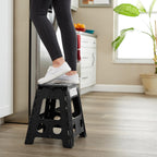 Casafield 16" Folding Step Stool with Handle, Black - Portable Collapsible Small Plastic Foot Stool for Adults - Use in the Kitchen, Bathroom and Bedroom