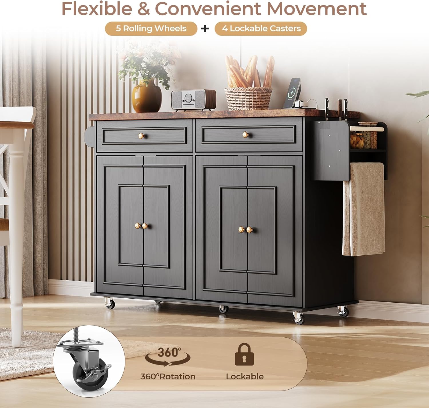 58 Inch Kitchen Island with Storage Cabinet, Island Table for Kitchen, Rolling Islands Cart with Power Outlet, Adjustable Shelves, Drawers, Spice and Towel & Knife Racks, Black