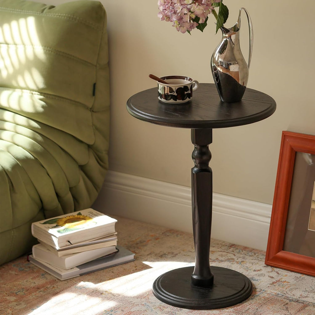 Solid Wood Round Side Table, Small Drink Table for Small Places, Accent Table with Stable Pedestal for Living Room, Bedroom, Corners, and Nursery (Black, 15.75" D x 15.75" W x 21.26" H)