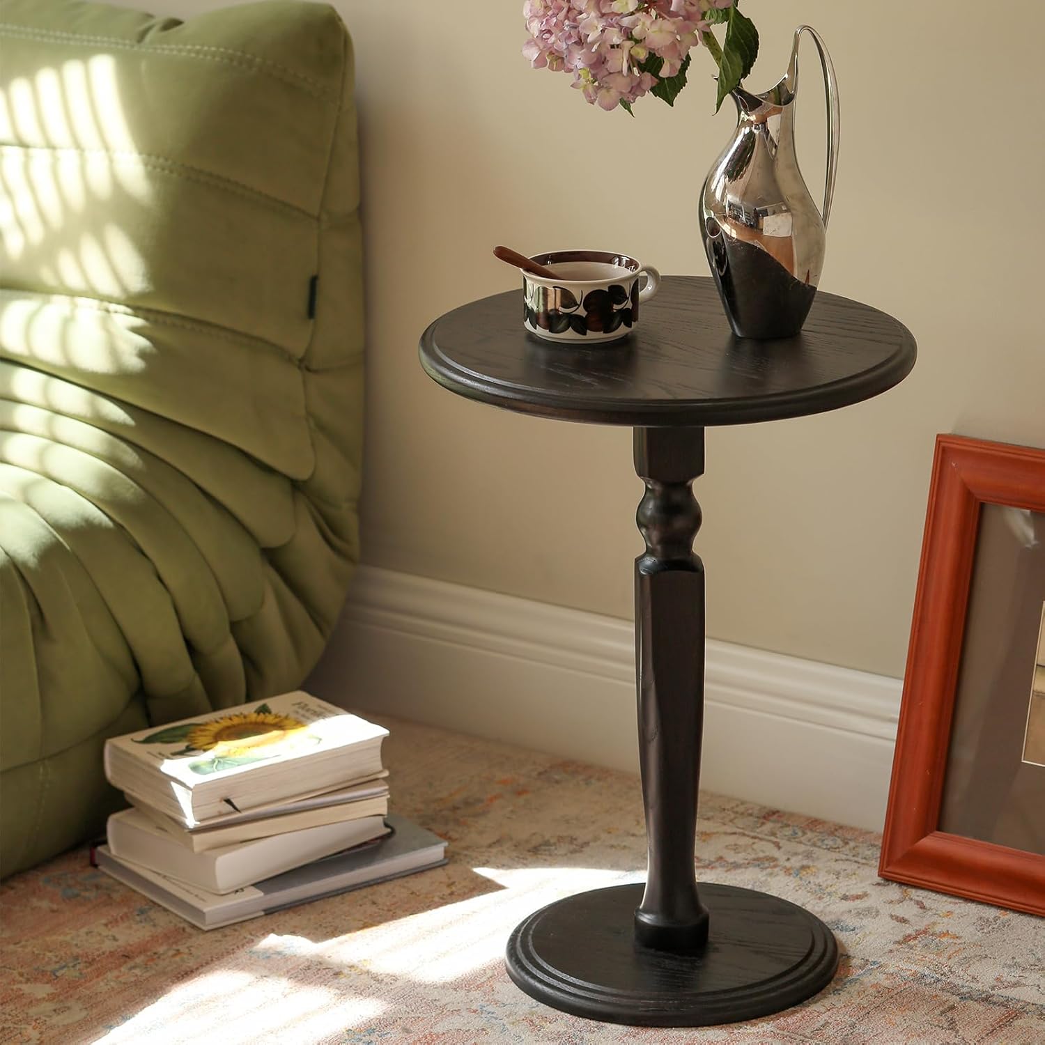 Solid Wood Round Side Table, Small Drink Table for Small Places, Accent Table with Stable Pedestal for Living Room, Bedroom, Corners, and Nursery (Black, 15.75" D x 15.75" W x 21.26" H)