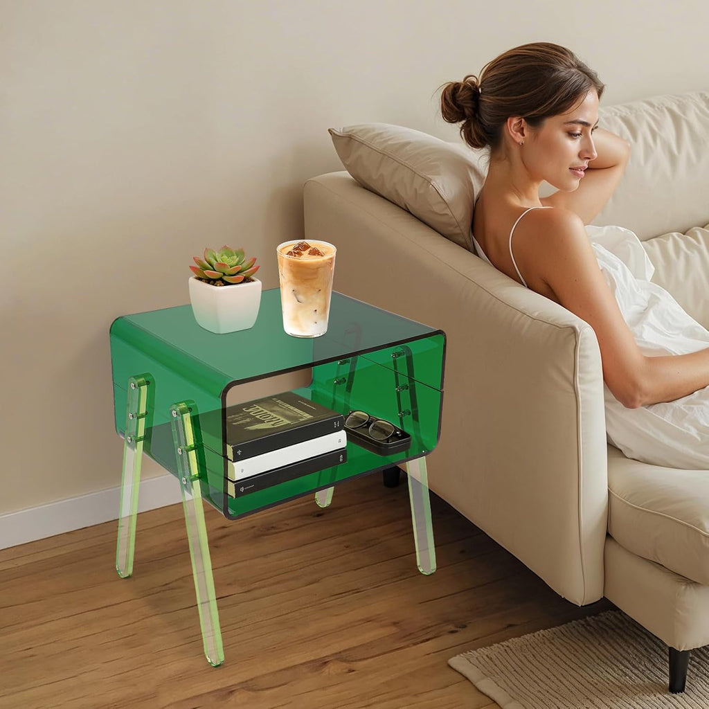 Acrylic Side Table, 2-Tier End Table with Open Storage for Small Spaces, Nightstand Bedside Table for Office, Bed Room, Conference Room (Green)