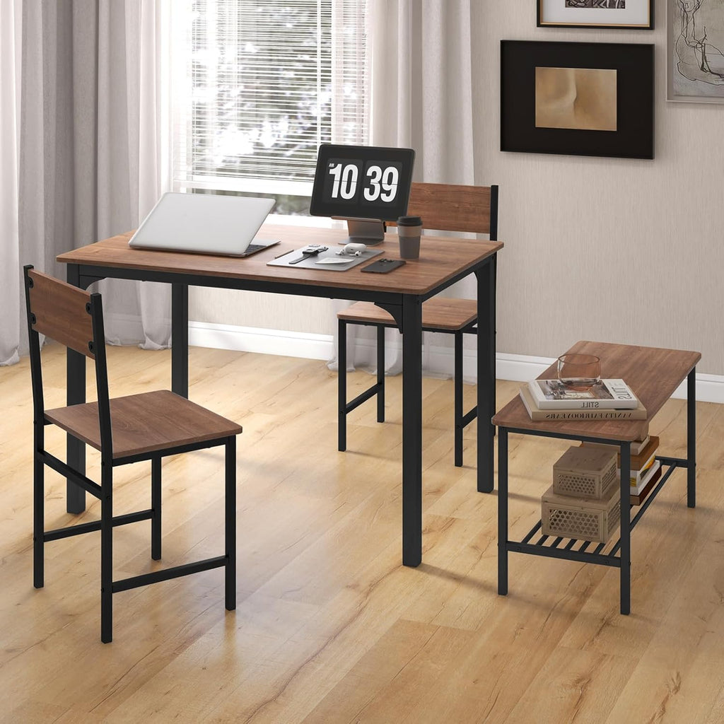 GOFLAME 4-Piece Dining Table Set for 4, Industrial Kitchen Table with 2 Chairs & Bench, Space Saving Breakfast Table Set with Storage Shelf and Metal Frame, Wooden Dinette for Dining Room, Walnut