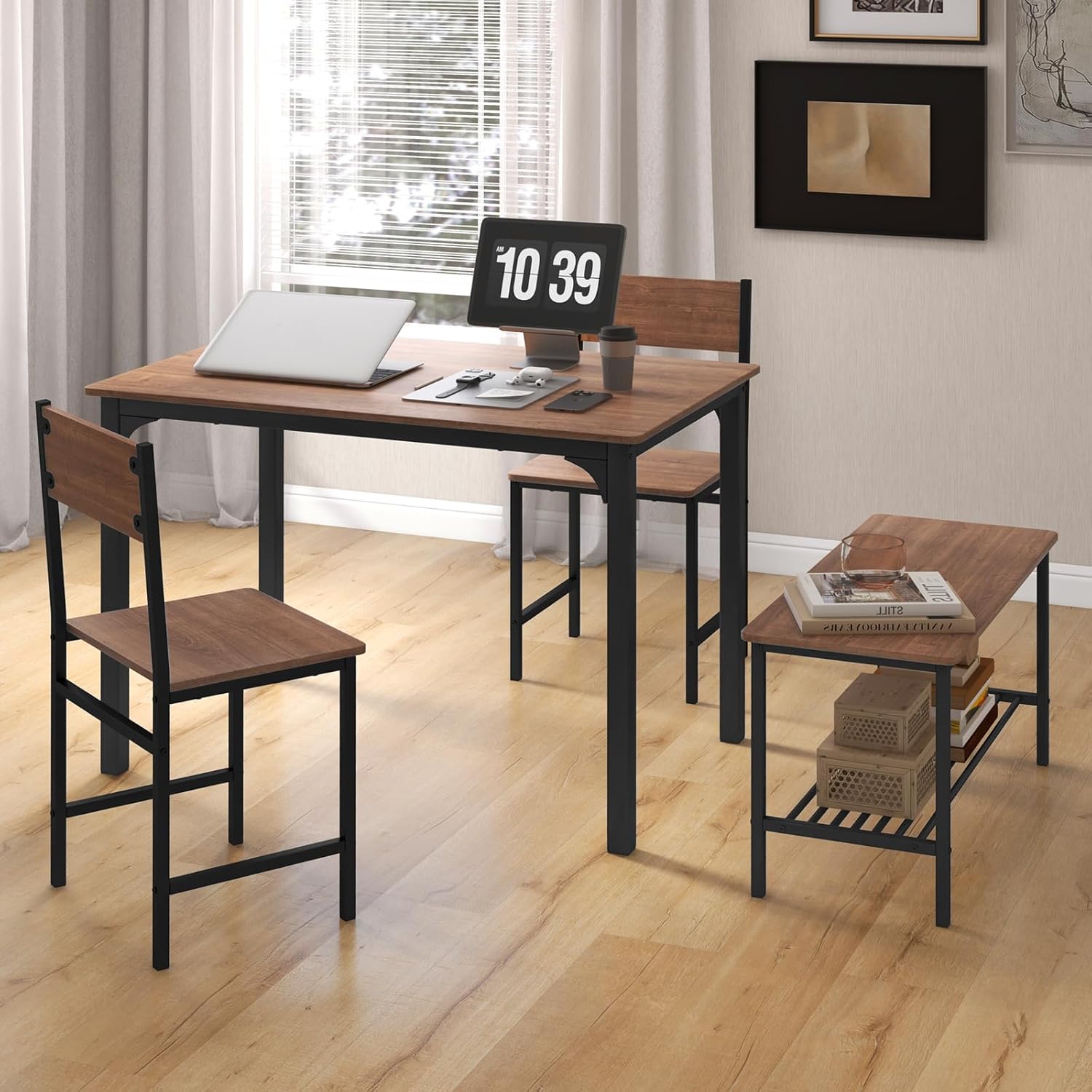 GOFLAME 4-Piece Dining Table Set for 4, Industrial Kitchen Table with 2 Chairs & Bench, Space Saving Breakfast Table Set with Storage Shelf and Metal Frame, Wooden Dinette for Dining Room, Walnut