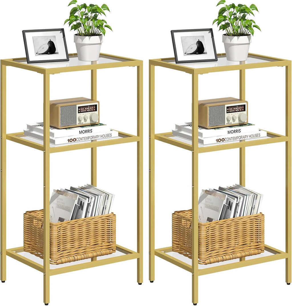 Side Tables Set of 2, Tempered Glass End Table with Metal Frame, 3-Tier Small Nightstands with Storage Shelves,Tall Table Stand for Home Decor, Living Room, Bedroom, Office, Gold（2 Pack）