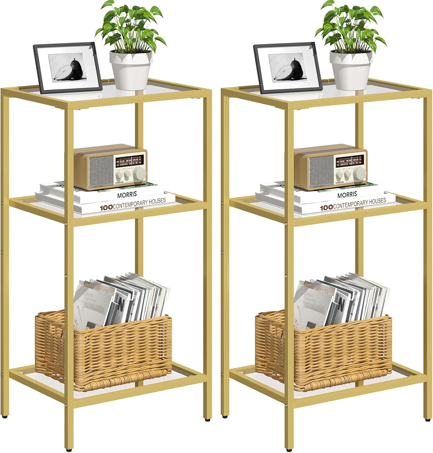 Side Tables Set of 2, Tempered Glass End Table with Metal Frame, 3-Tier Small Nightstands with Storage Shelves,Tall Table Stand for Home Decor, Living Room, Bedroom, Office, Gold（2 Pack）
