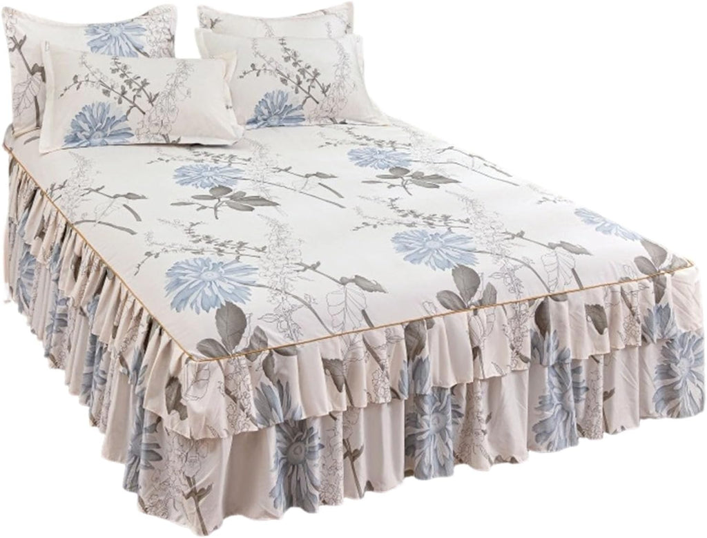 3-Piece Ruffled Bed Skirt Set with Floral Print, Floral Ruffled Bed Skirt 3-Piece Set, Soft Bedding Set with Pillowcase, Elegant Bed Sheet Set for Bedroom Decor (White, 60×80 inches)