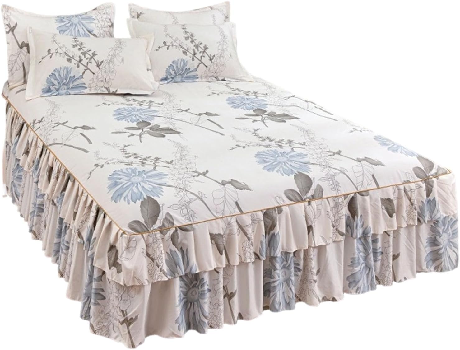 3-Piece Ruffled Bed Skirt Set with Floral Print, Floral Ruffled Bed Skirt 3-Piece Set, Soft Bedding Set with Pillowcase, Elegant Bed Sheet Set for Bedroom Decor (White, 60×80 inches)