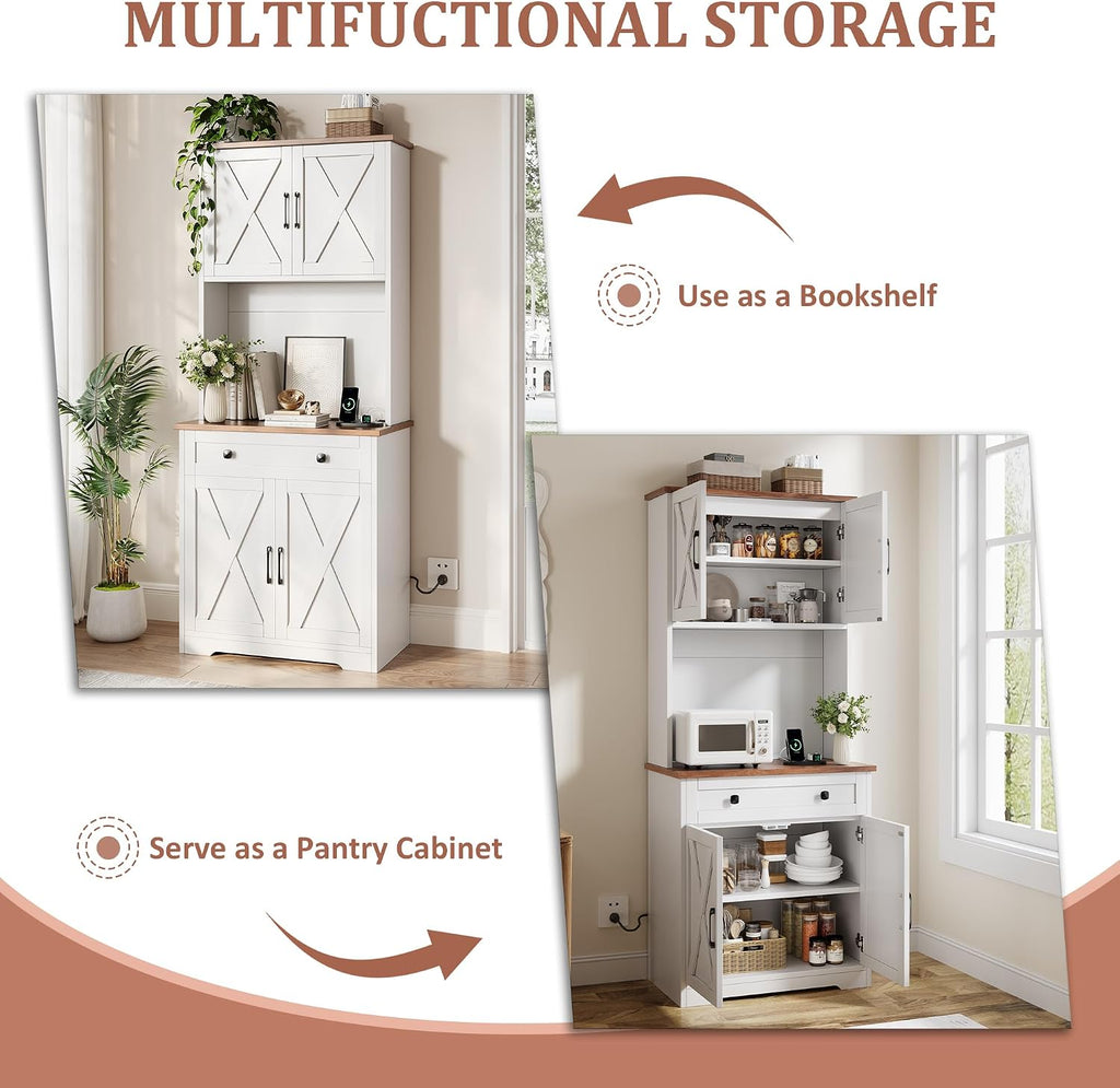 IDEALHOUSE 71" Pantry Cabinet with Charging Station, Tall Kitchen Pantry Storage Cabinet with Microwave Stand, Large Farmhouse Kitchen Hutch with Cabinet Doors & Drawer for Living Room, Dining Room