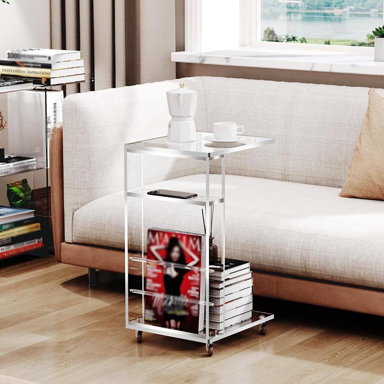 Acrylic Side Table with Storage and Lockable Wheels,C Shaped End Table,Small Coffee Table for Couch, Living Room, Bedroom,Clear