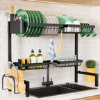 Kitsure Over The Sink Dish Drying Rack - 26.8" to 33.9"x21.5", Adjustable Sink Drying Rack for Kitchen Sink with Large Capacity, 2-Tier Dish Rack Over Sink with Multifunctional Baskets, Black