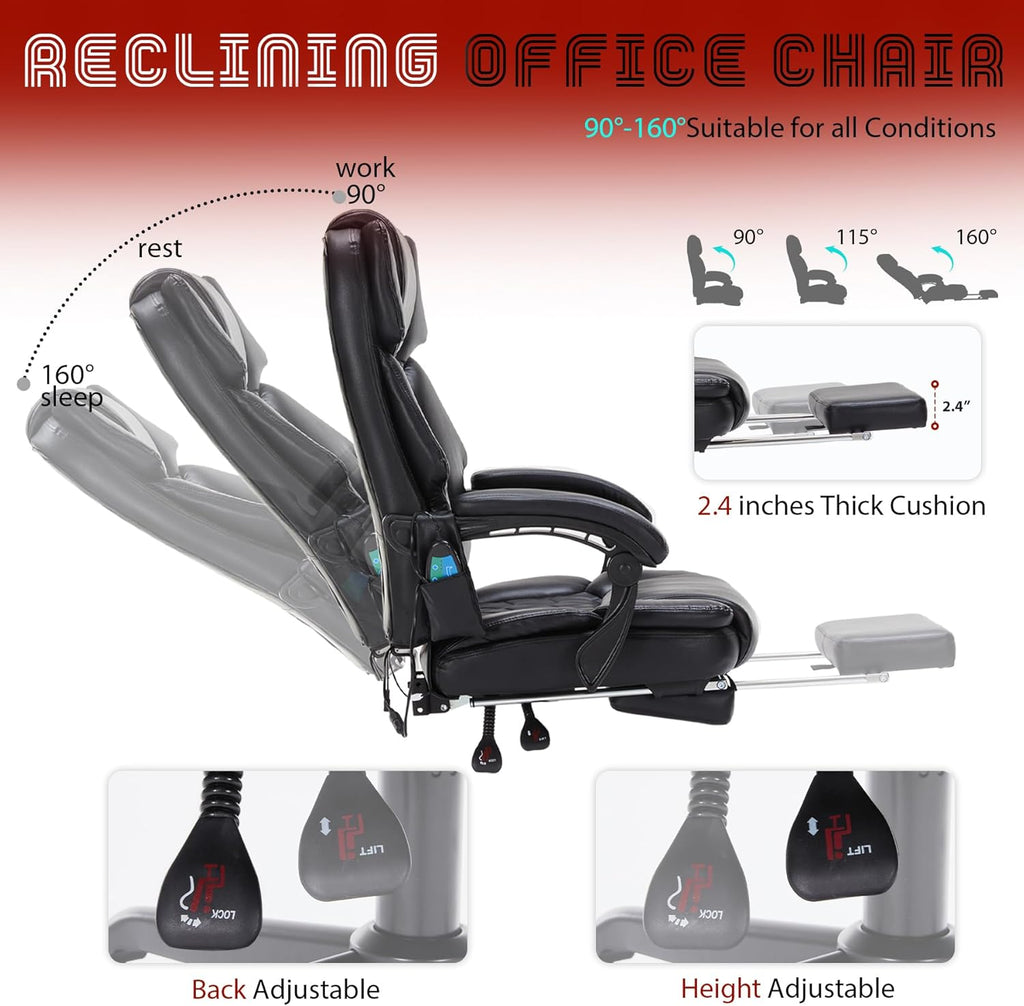 Massage Office Chair with Foot Rest 6 Points Vibration and Heat Home Office Desk Chairs for Heavy People 400lbs Reclining Managerial Chairs Ergonomic Executive Chair (Black)