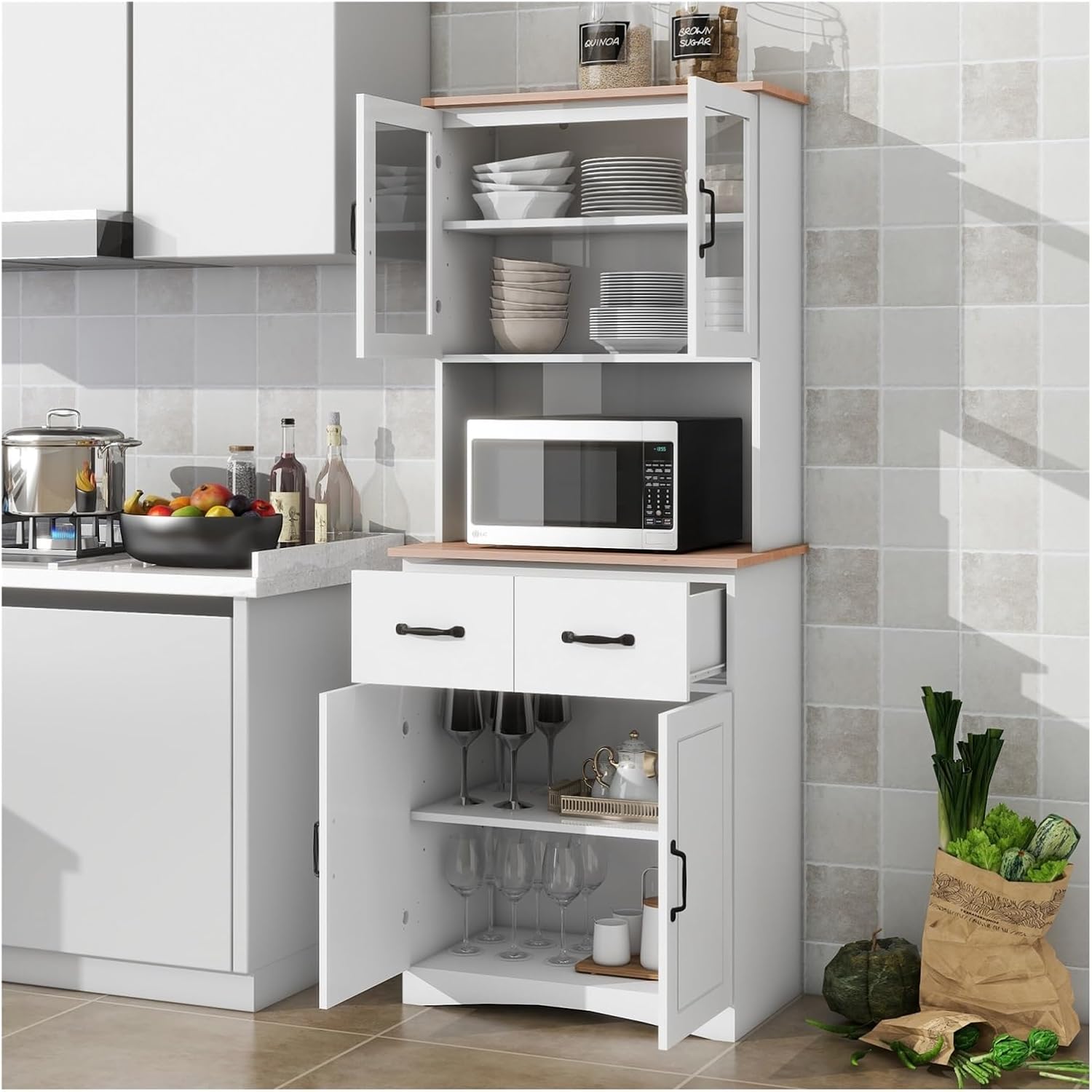 Kitchen Cabinet White Pantry Room Storage Microwave Cabinet with Framed Glass Doors and Drawer,for Kitchen