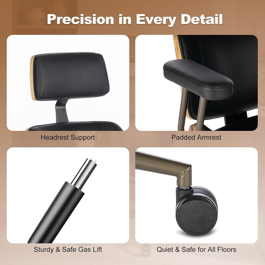 Home Office Desk Chair, High Back Chair with Headrest and Armrests, Modern Curved Walnut Wood Back and Seat, Ergonomic PU Leather Executive Swivel Rolling Chair for Home Office, Study(Black)
