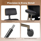 Home Office Desk Chair, High Back Chair with Headrest and Armrests, Modern Curved Walnut Wood Back and Seat, Ergonomic PU Leather Executive Swivel Rolling Chair for Home Office, Study(Black)