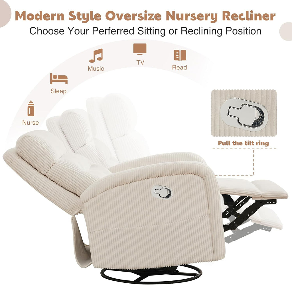 Swivel Nursery Rocker Recliner for Nursery, 360° Swivel Glider Recliner, Manual Rocking Recliner Chairs with Pockets and Large Arms for Living Room, White Corduroy
