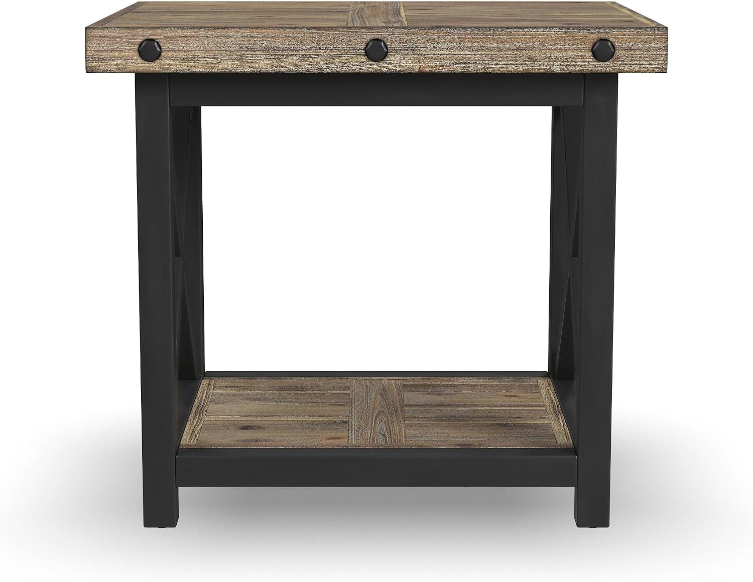Flexsteel Craftsman Solid Acacia Wood End Table, Rustic Industrial with Lower Shelf, Hand Worked Metal Frame, Distressed Side Table Living Room Furniture, Farmhouse Nightstand (Light Brown)