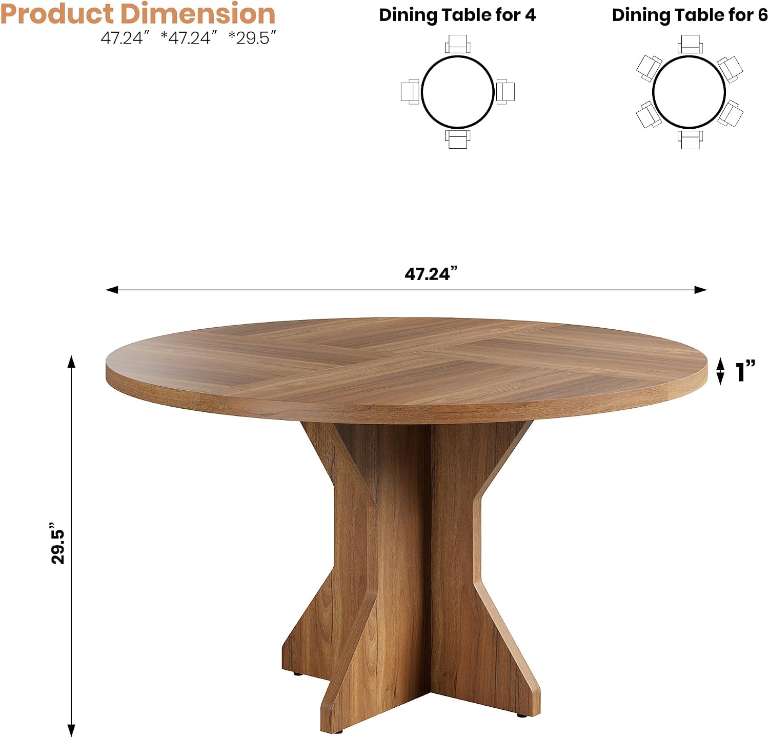 IDEALHOUSE Round Dining Table, 47" Kitchen Table for 4-6 People, Circle Tables with Sturdy Pedestal Base, Space Saving Dinning Room Furniture for Living Room, Kitchen, Apartment