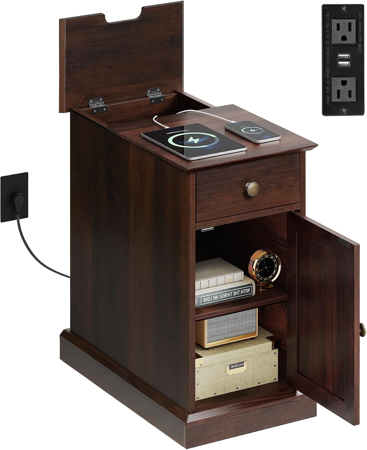 WLIVE End Table with Charging Station, Narrow Sied Table with Drawer & Cabinet, Side Table with Adjustable Shelf for Living Room/Bedroom, Wooden Nightstand with Hidden USB Ports and Outlets, Espresso
